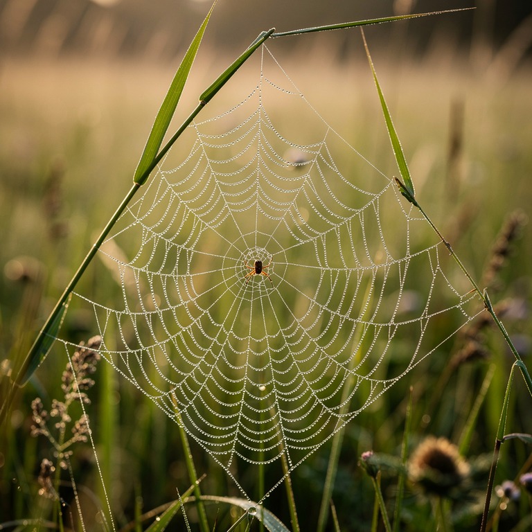 A delicate, dew-covered spider web clings to a blade of gras... | ShopAyahuascaRetreats