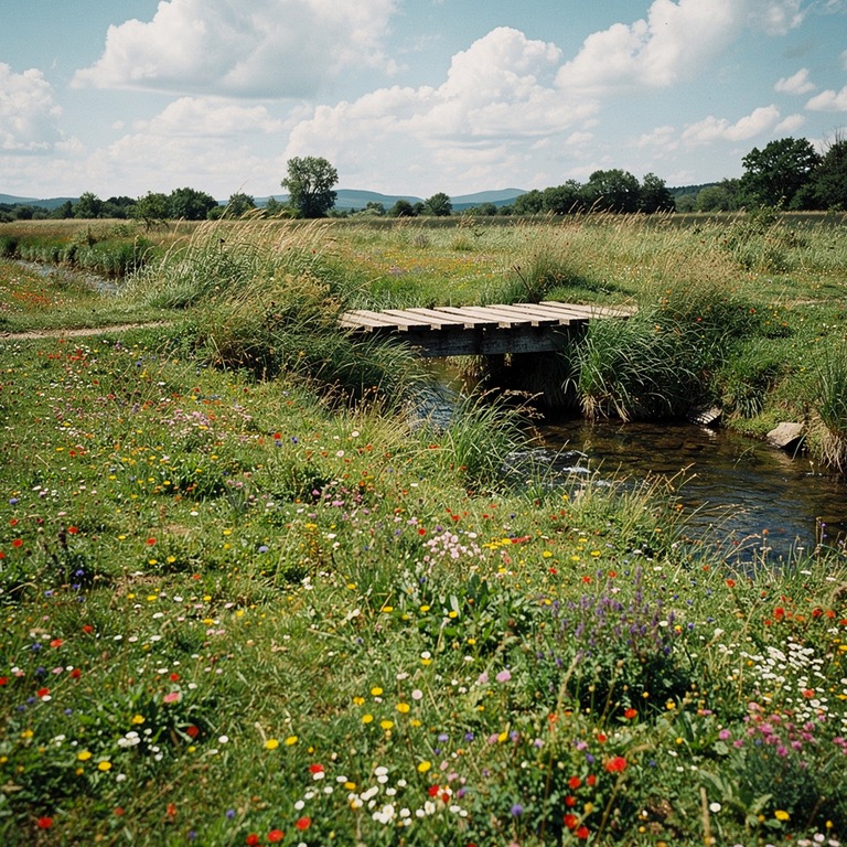 A lush green meadow filled with wildflowers, with a small wo... | ShopAyahuascaRetreats