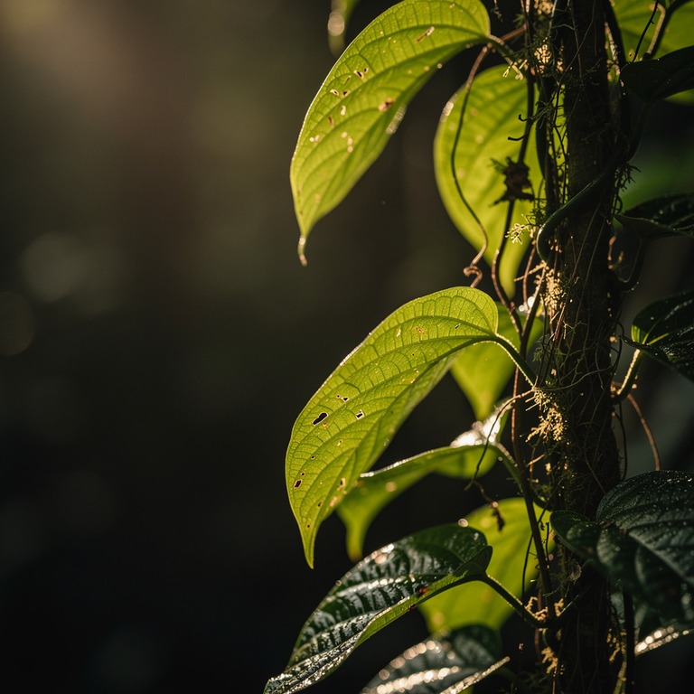 A macro shot of a vibrant, healthy ayahuasca vine, its leave... | ShopAyahuascaRetreats
