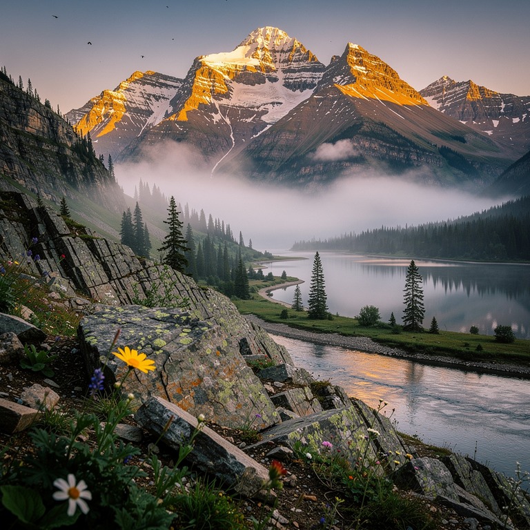 A majestic mountain range at dawn, with misty valleys and to... | ShopAyahuascaRetreats