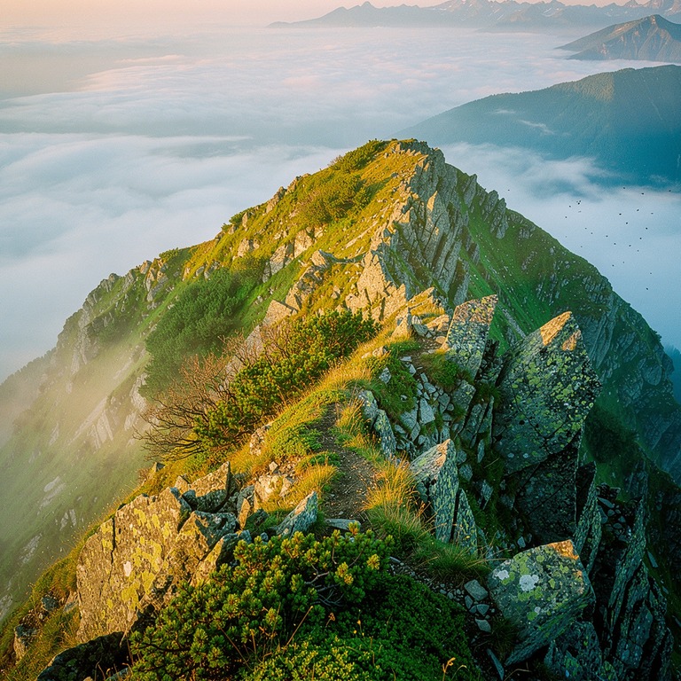 A misty mountain peak at dawn, with the sun slowly uncoverin... | ShopAyahuascaRetreats