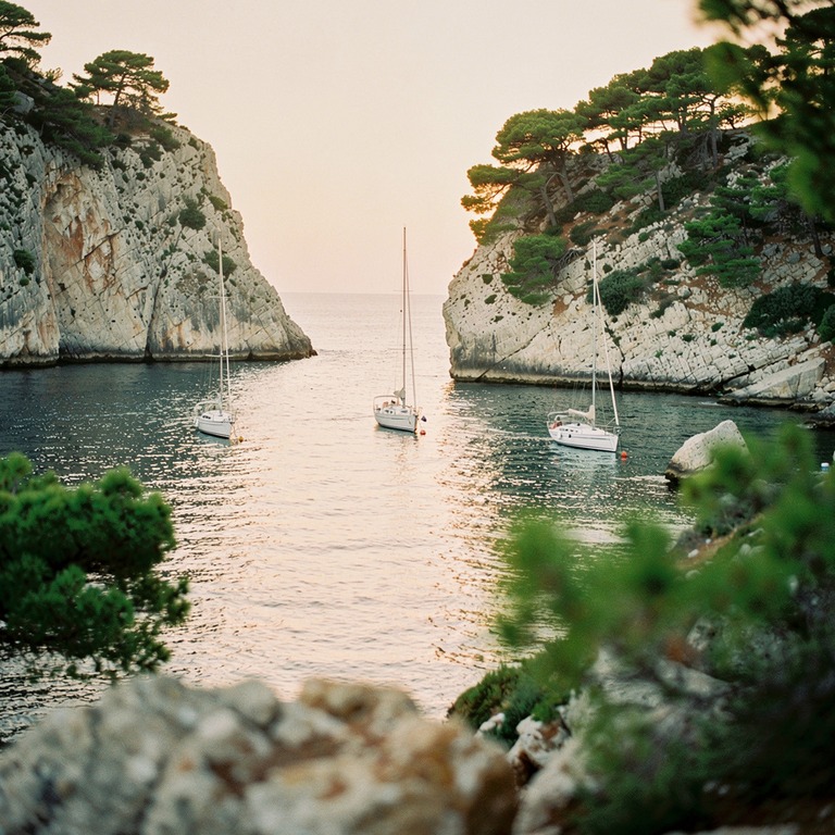 A serene and tranquil scene of a calm bay with a few sailboa... | ShopAyahuascaRetreats