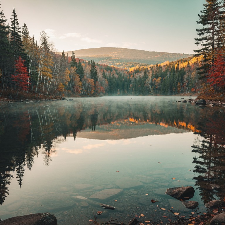 A serene lake at sunrise, with a perfect reflection of the s... | ShopAyahuascaRetreats