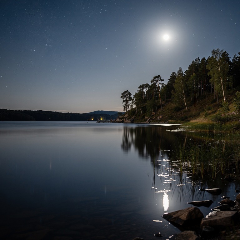 A serene moonlit night sky over a calm lake, with stars refl... | ShopAyahuascaRetreats