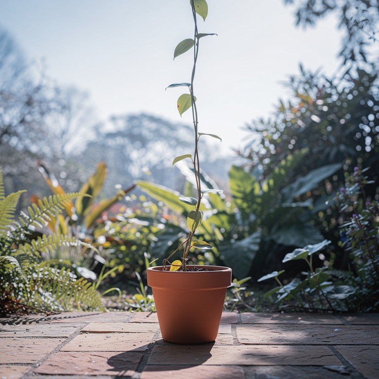 A solitary ayahuasca vine grows in a terracotta pot on a sun... | ShopAyahuascaRetreats