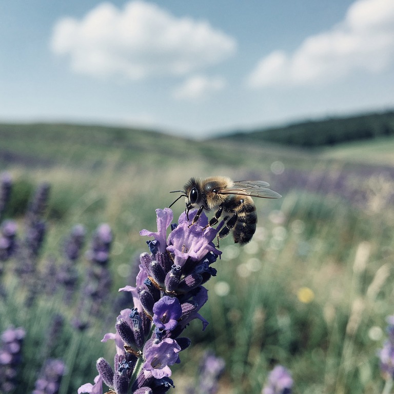 A solitary bee collects nectar from a vibrant, purple lavend... | ShopAyahuascaRetreats