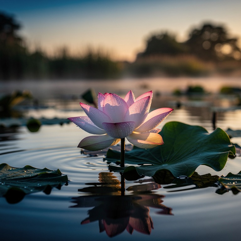 A solitary lotus flower blooms in a serene pond at dawn, wit... | ShopAyahuascaRetreats