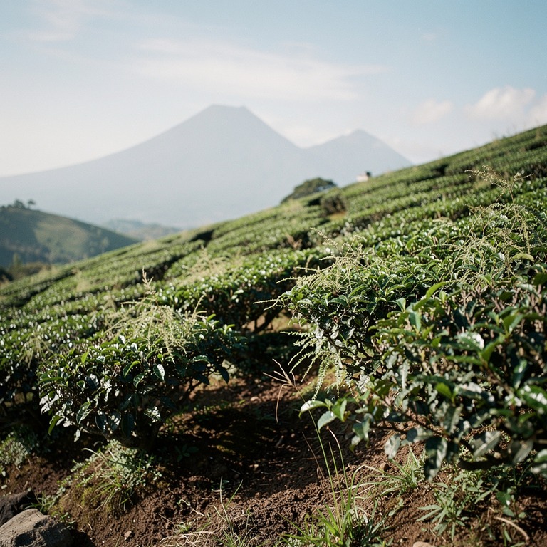 A terraced hillside with lush, green tea plants, set against... | ShopAyahuascaRetreats