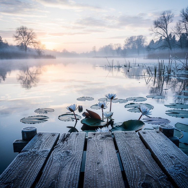A tranquil lake at sunrise, with a few water lilies and a na... | ShopAyahuascaRetreats