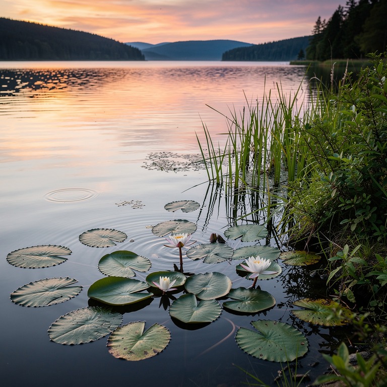 A tranquil lake shore at sunset, with a few water lilies flo... | ShopAyahuascaRetreats