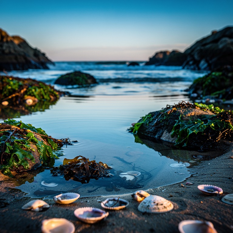 A tranquil ocean cove at low tide, with a scattering of shel... | ShopAyahuascaRetreats