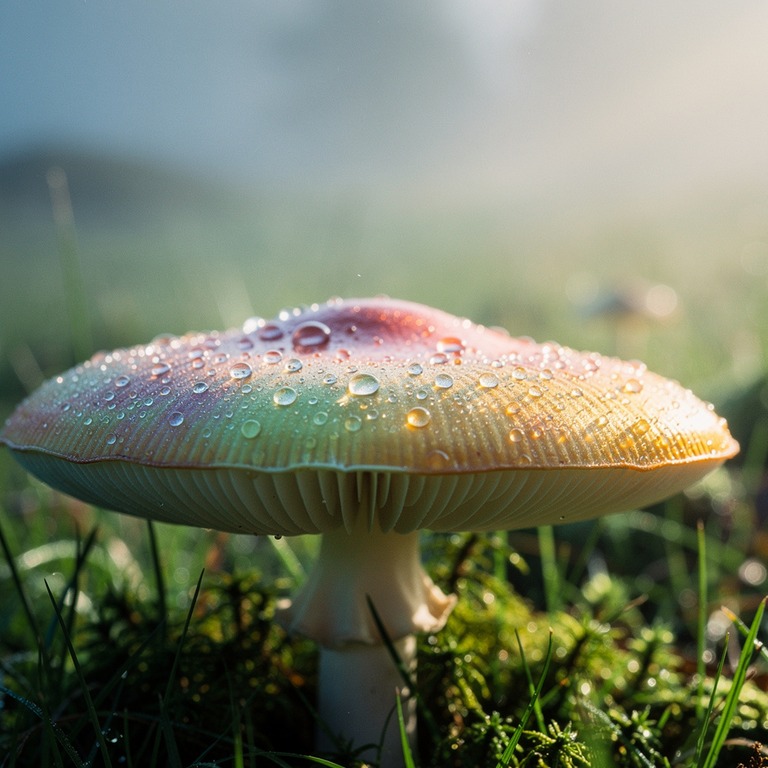 A vibrant, iridescent mushroom cap glistens with dew in a lu... | ShopAyahuascaRetreats