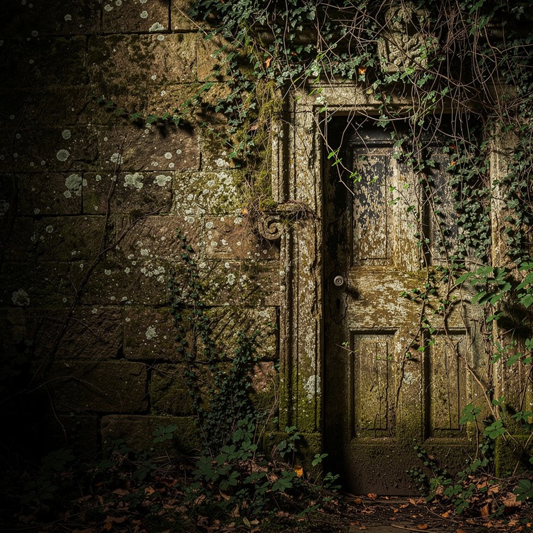 A weathered, ancient stone door hidden among overgrown vines... | ShopAyahuascaRetreats