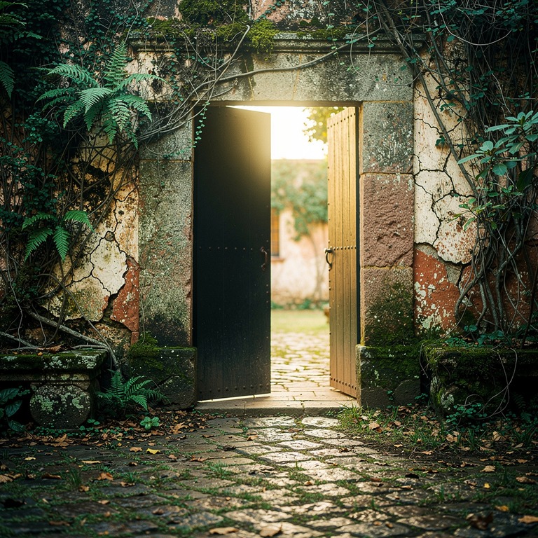 A weathered, ancient stone door in a Mexican hacienda, cover... | ShopAyahuascaRetreats