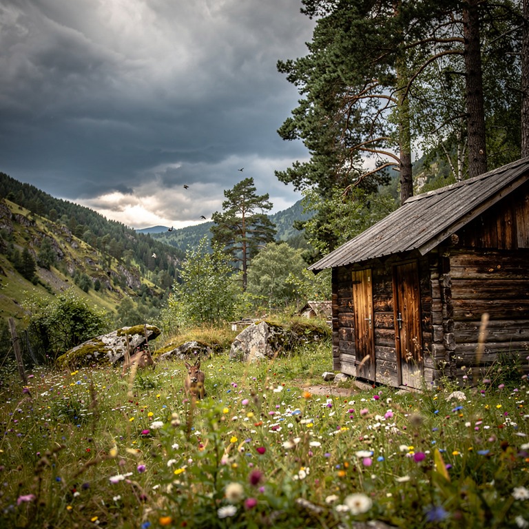 A weathered wooden cabin in a secluded valley surrounded by ... | ShopAyahuascaRetreats