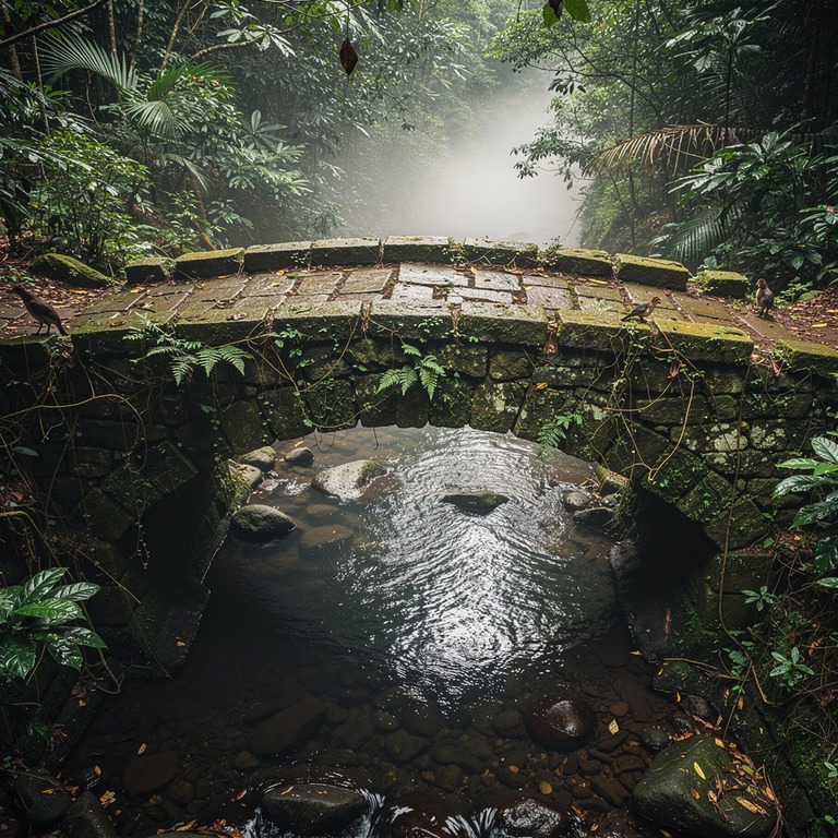 Ancient stone bridge over a quiet jungle stream, soft fog | ShopAyahuascaRetreats