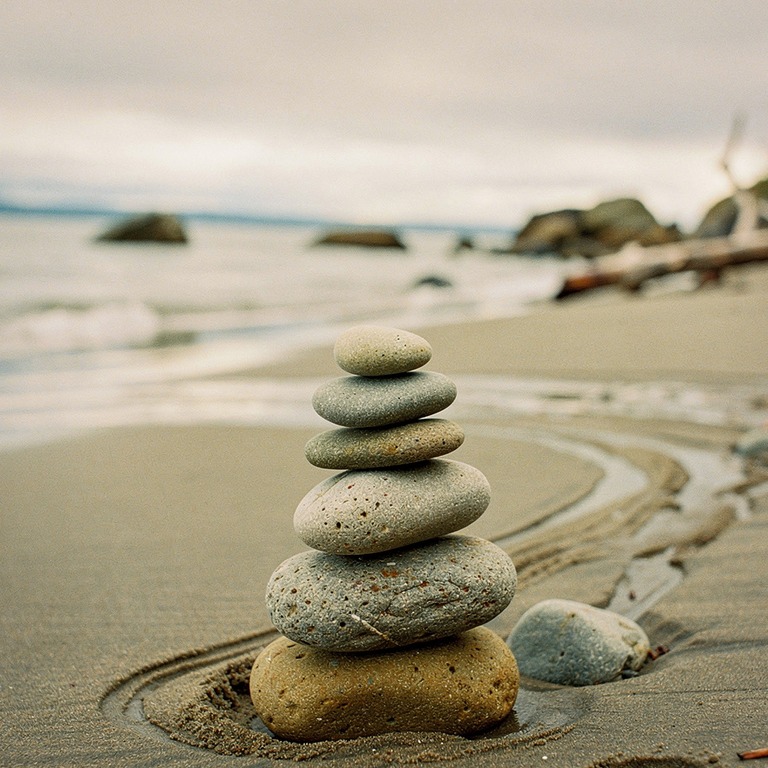 Cairn of smooth river stones on a quiet beach | ShopAyahuascaRetreats