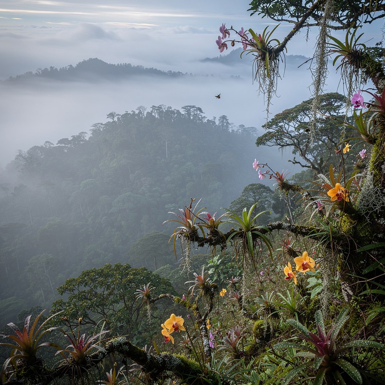 Cloud-forest ridge with epiphytes and orchids on every branc... | ShopAyahuascaRetreats