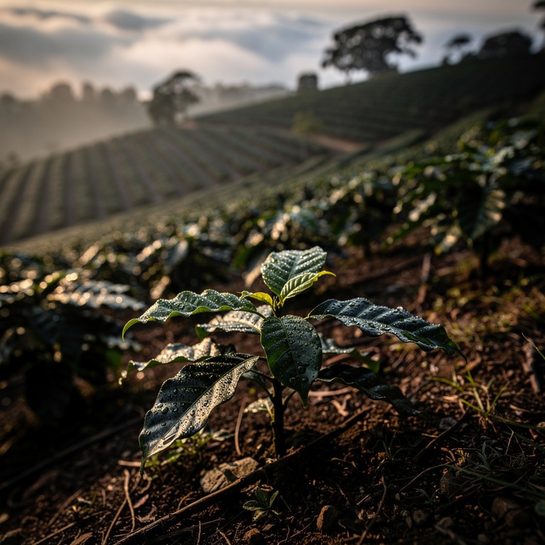 Coffee plantation hillside at dawn, mist between rows of pla... | ShopAyahuascaRetreats