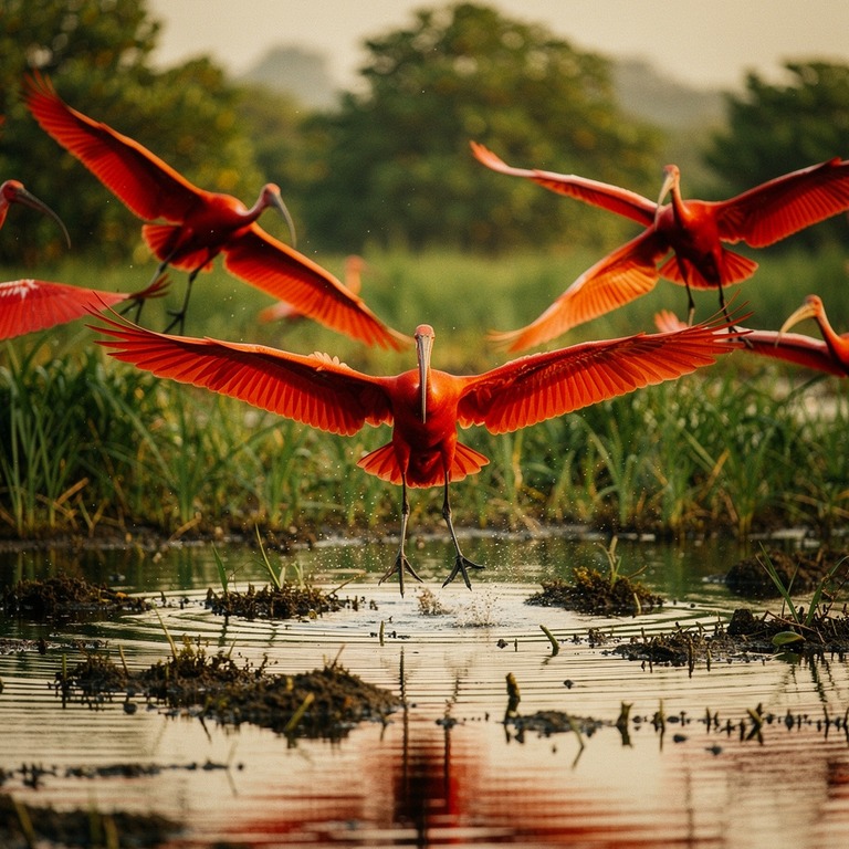 Flock of scarlet ibises taking off from a marshland | ShopAyahuascaRetreats