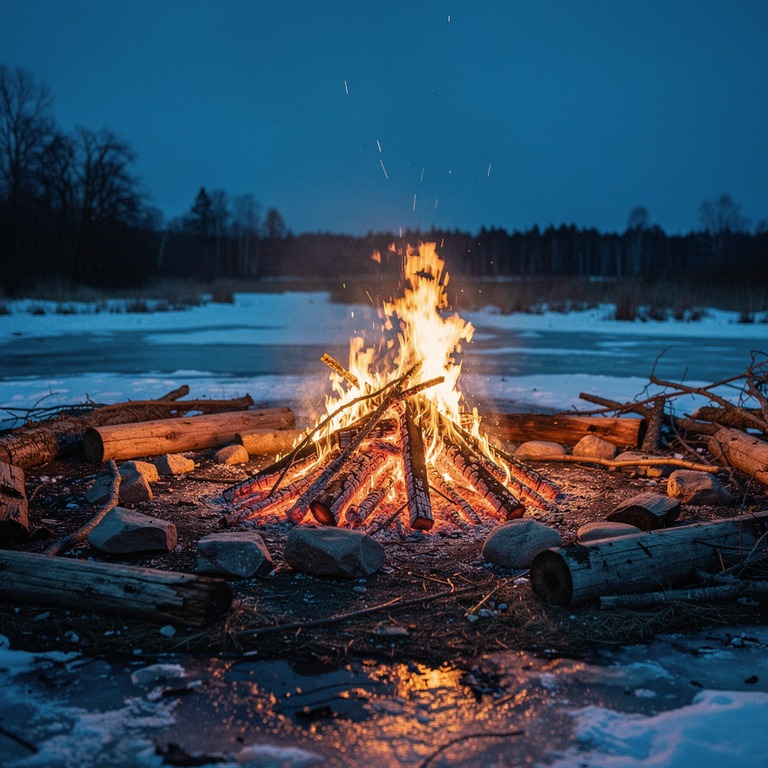 Large bonfire burning at night, orange embers rising into da... | ShopAyahuascaRetreats