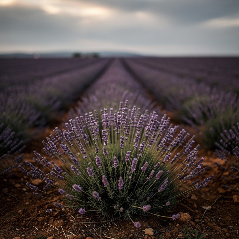 Lavender field at dusk, rows fading into soft purple haze | ShopAyahuascaRetreats