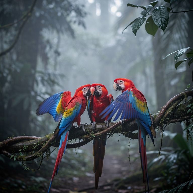 Macaws preening on a jungle vine, wings showing red and blue | ShopAyahuascaRetreats