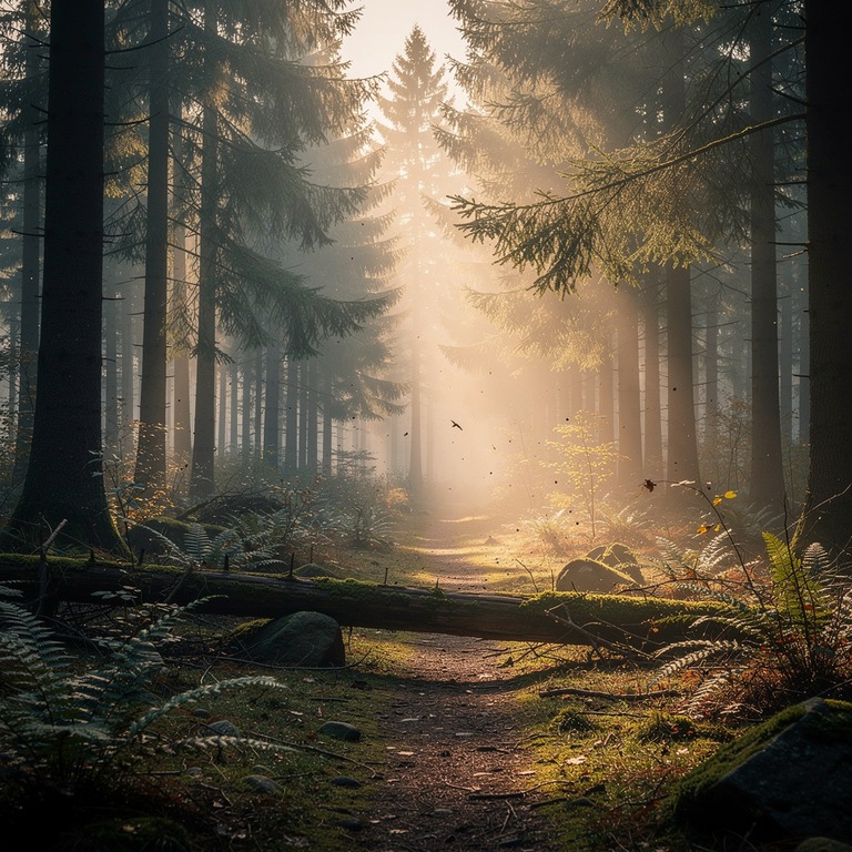 Misty fir forest at dawn, layered silhouettes | ShopAyahuascaRetreats