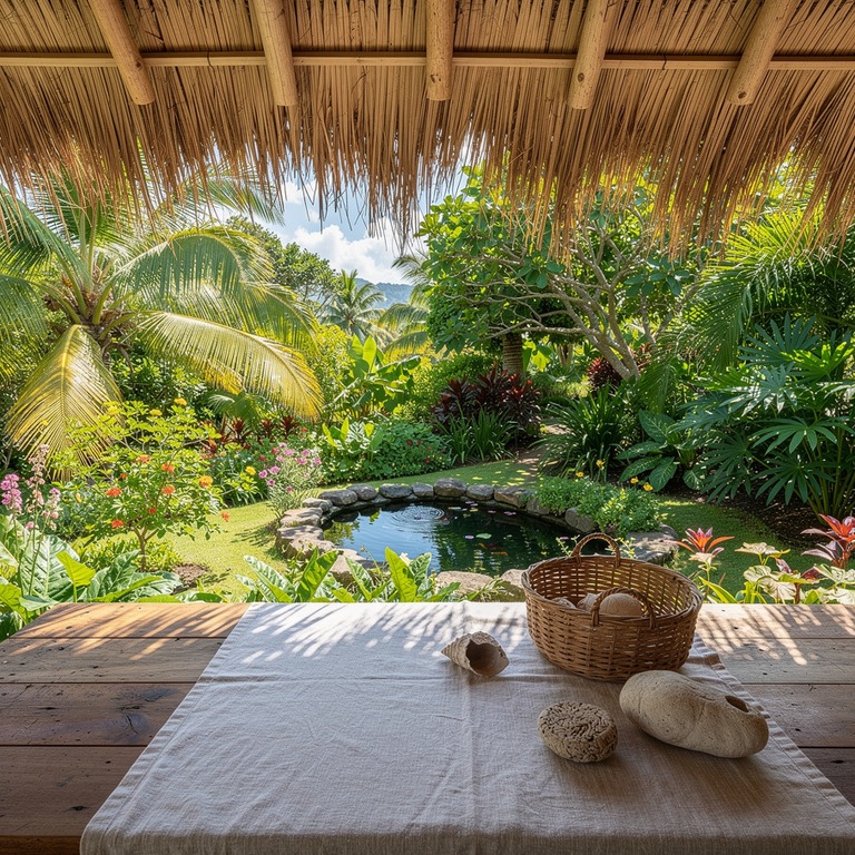 Open thatched-roof veranda overlooking a tropical garden | ShopAyahuascaRetreats