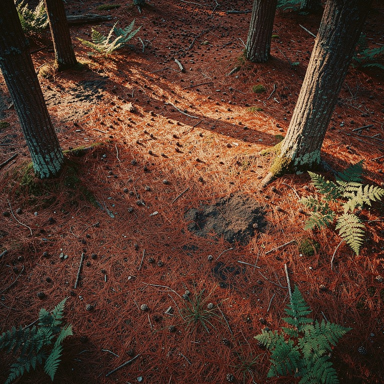 Pine forest with red-brown needle floor, soft afternoon ligh... | ShopAyahuascaRetreats