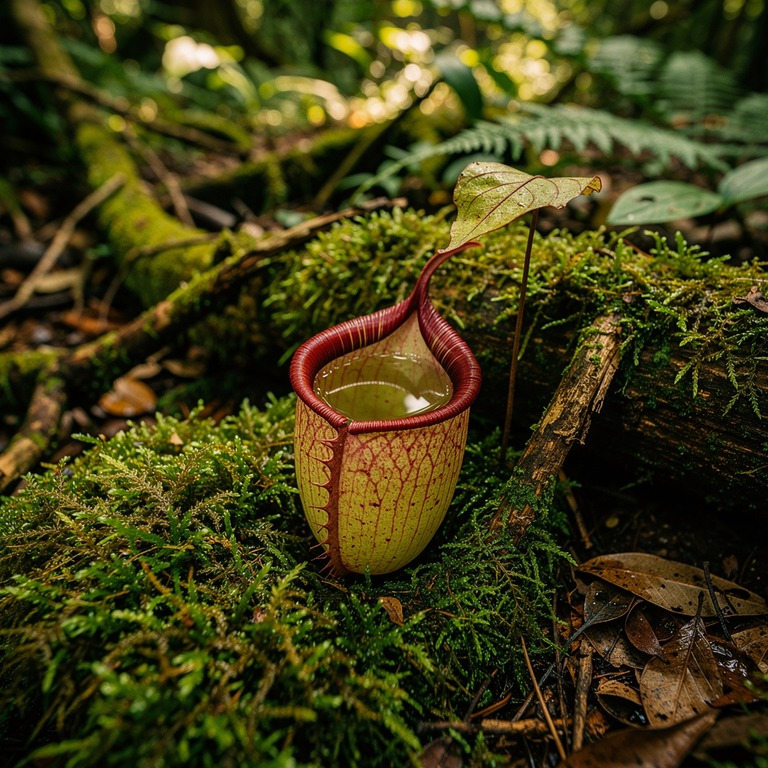 Pitcher plant nestled in moss, water collected inside the cu... | ShopAyahuascaRetreats