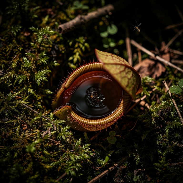 Pitcher plant nestled in moss, water collected inside the cu... | ShopAyahuascaRetreats