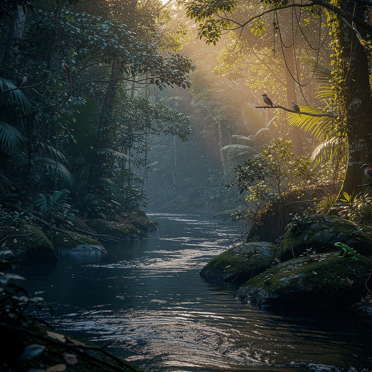 Pre-dawn jungle, deep blue tones with first golden light fil... | ShopAyahuascaRetreats