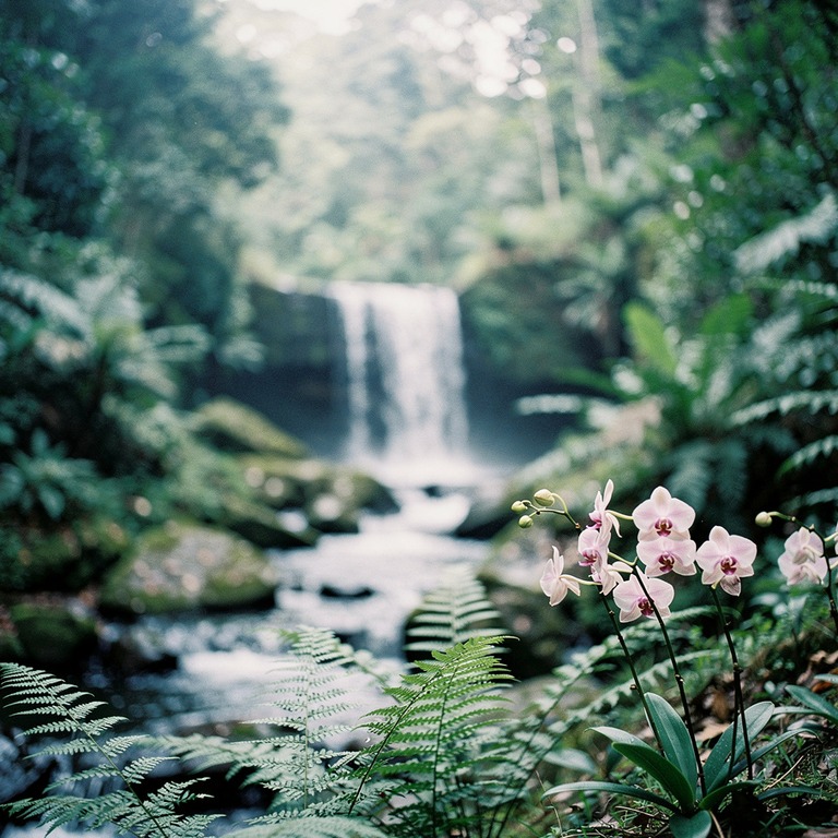 Small waterfall hidden in jungle, framed by ferns and orchid... | ShopAyahuascaRetreats