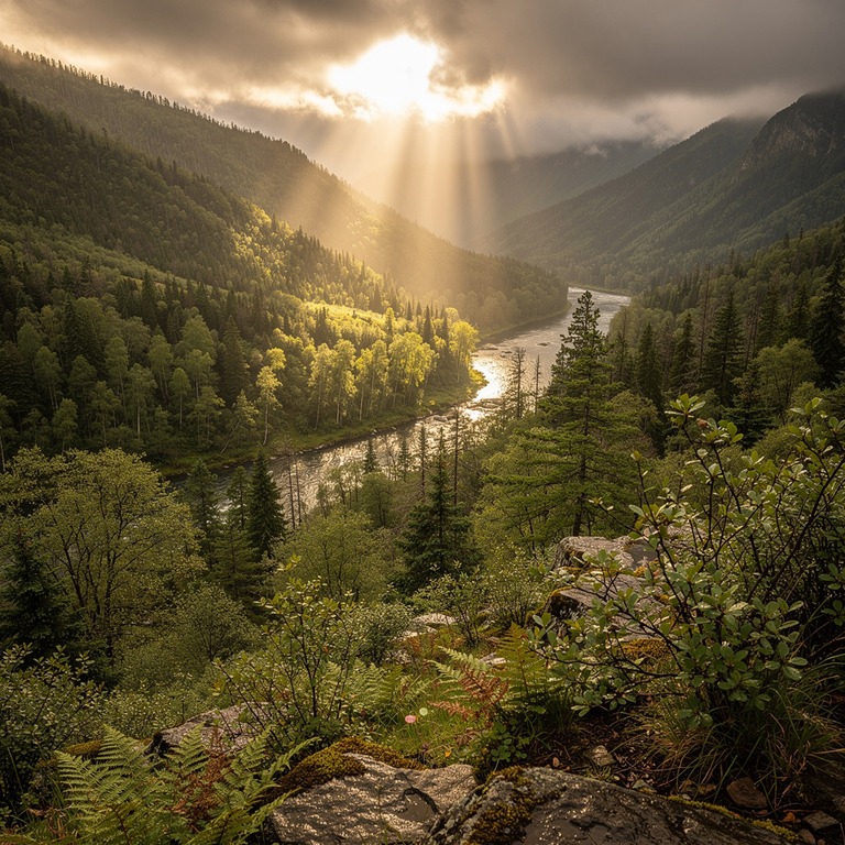 Sun shafts breaking through storm clouds over a forested val... | ShopAyahuascaRetreats