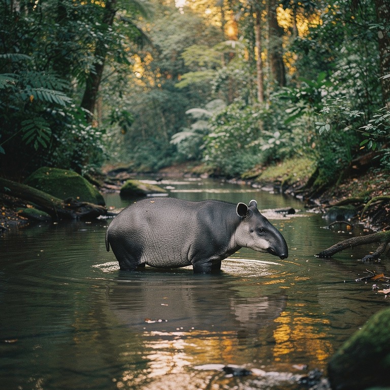Tapir wading through a forest stream at dusk | ShopAyahuascaRetreats