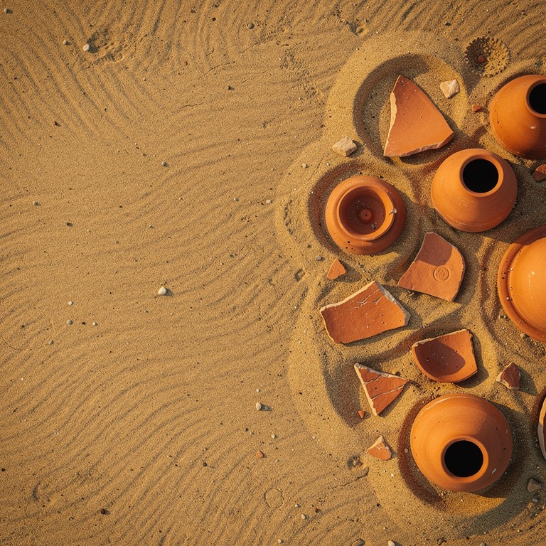 Terracotta pottery fragments half-buried in sand | ShopAyahuascaRetreats