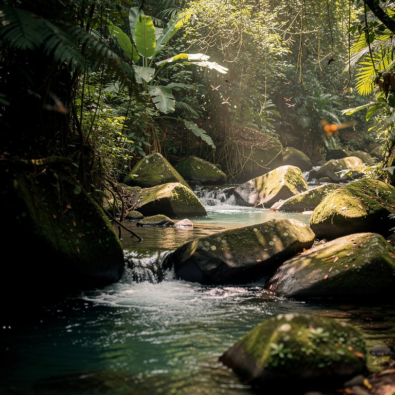Tropical creek winding between moss-covered boulders, jungle... | ShopAyahuascaRetreats