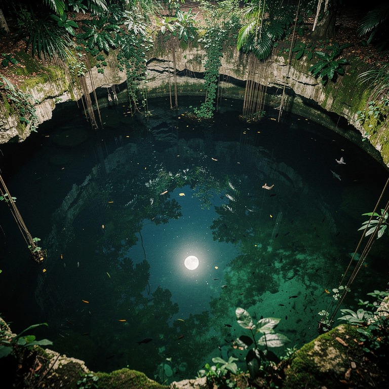 Under the light of a full moon, a tranquil cenote's calm wat... | ShopAyahuascaRetreats