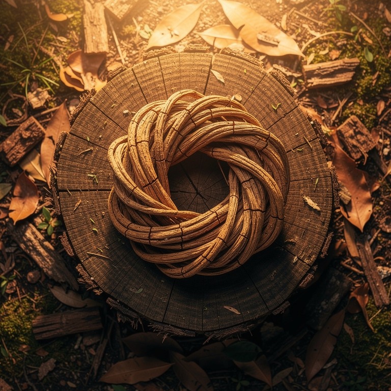 A bundle of dried ayahuasca vines on a wooden stump, backlit... | ShopAyahuascaRetreats