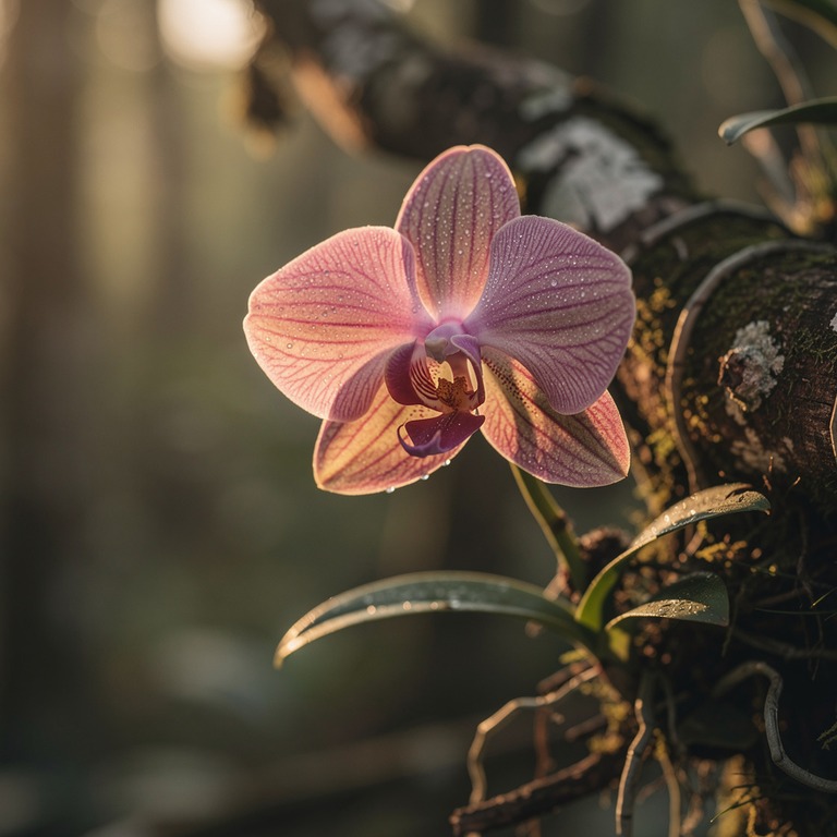 A close-up of a blooming orchid on a tree branch, with soft,... | ShopAyahuascaRetreats