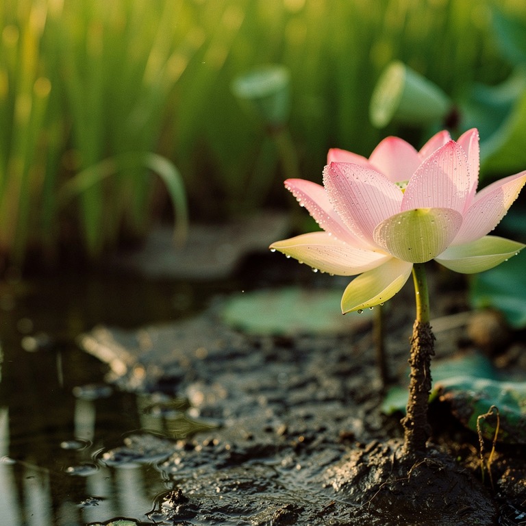 A close-up of a lotus flower blooming in the mud, with dew d... | ShopAyahuascaRetreats