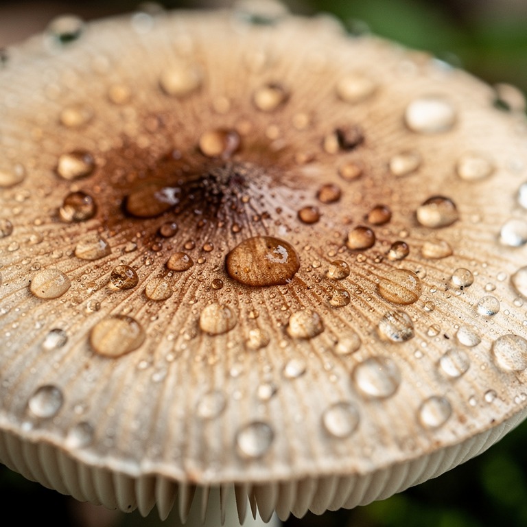 A close-up of a psilocybin mushroom cap, with dew droplets c... | ShopAyahuascaRetreats