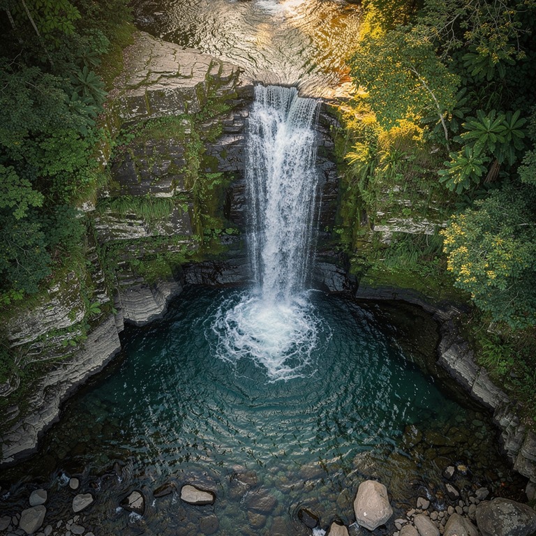 A crystal-clear waterfall cascading down a rocky cliff, with... | ShopAyahuascaRetreats