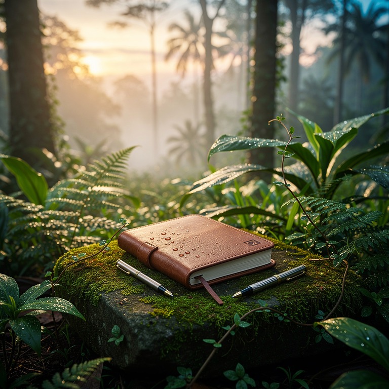 A leather-bound journal lies open on a moss-covered stone, w... | ShopAyahuascaRetreats