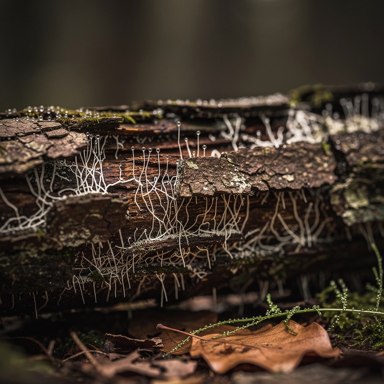 A macro shot of mycelium growing on a log, with intricate ne... | ShopAyahuascaRetreats