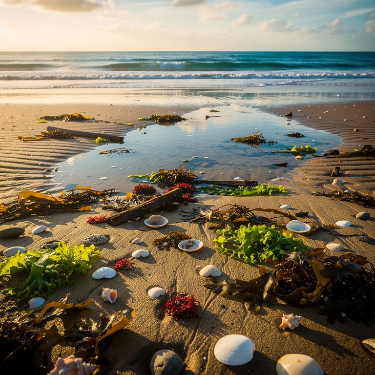 A sandy shoreline at low tide, with a variety of seaweed and... | ShopAyahuascaRetreats