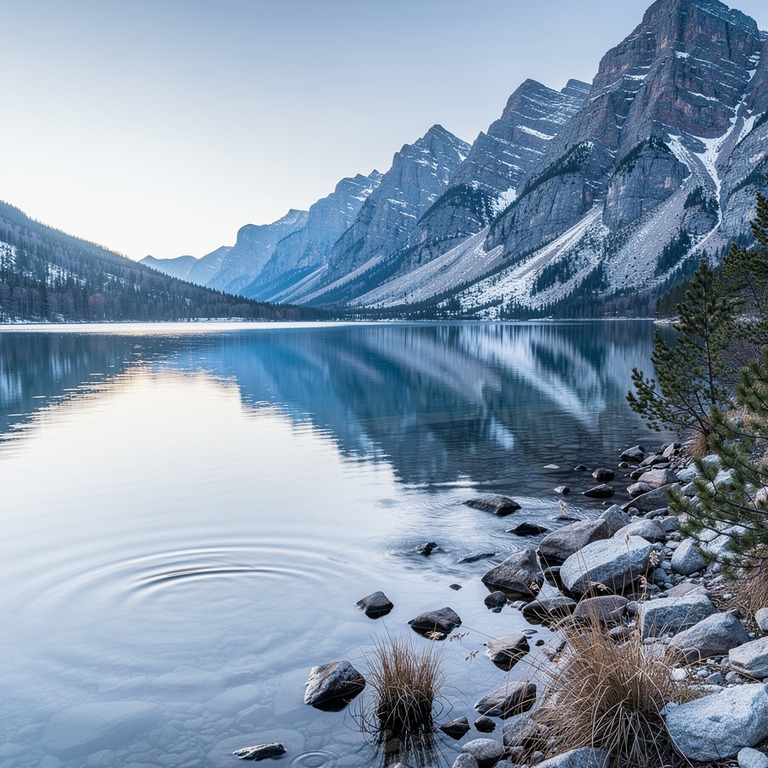 A serene, crystal-clear lake reflects the majestic, rugged b... | ShopAyahuascaRetreats
