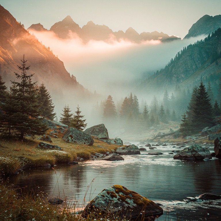 A serene, misty mountain valley at dawn, with the sun's rays... | ShopAyahuascaRetreats