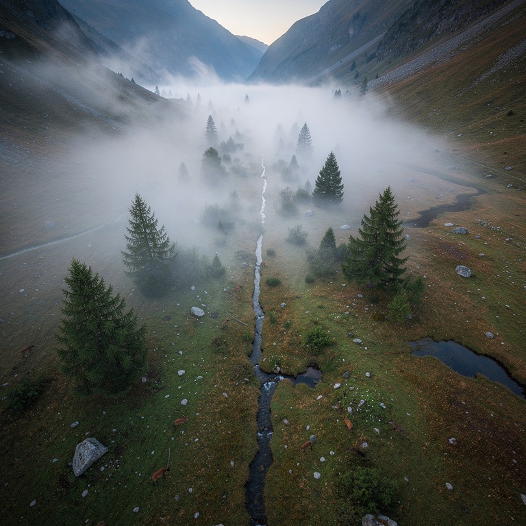 A serene mountain valley at dawn, with misty fog rolling in ... | ShopAyahuascaRetreats